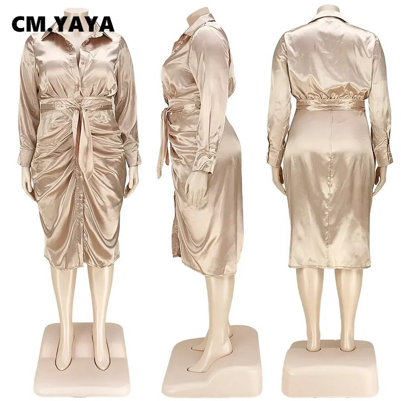 CM.YAYA női nagy méretű szatén hosszú ujjú, egysoros, szárnyas ing stílusú ruha