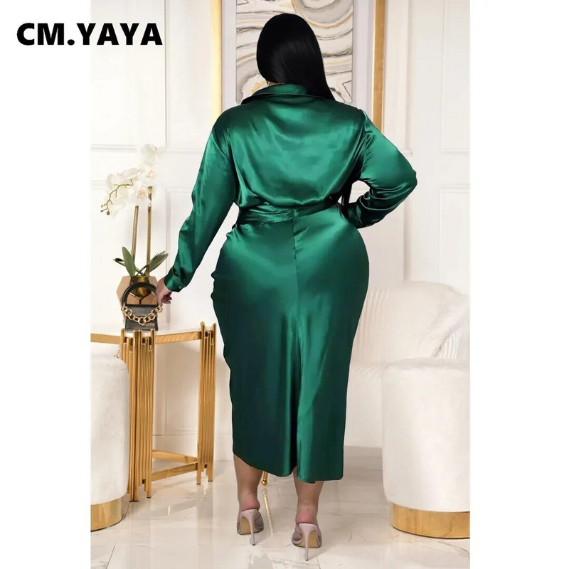 CM.YAYA női nagy méretű szatén hosszú ujjú, egysoros, szárnyas ing stílusú ruha