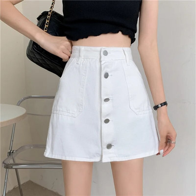Дамска лятна мини дънкова пола с копчета с висока талия Черно-бяла дънкова пола Harajuku Плюс размер Корейска модна облекло Шорт