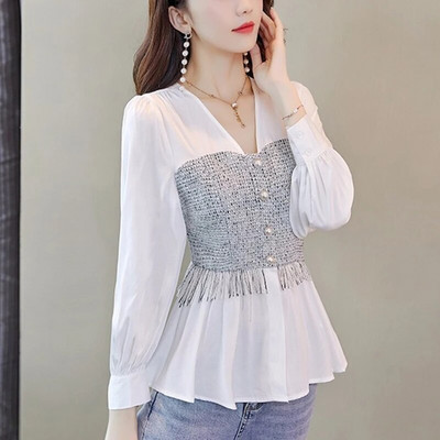 Άνοιξη Καλοκαίρι Casual Μόδα Μακρυμάνικο Πουκάμισο Γυναικεία Ζακέτα με λαιμόκοψη V Γυναικεία Κομψή μπλούζα με φούντα με κουμπιά Femme