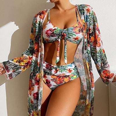 Seksi bikini visokog struka, trodijelni kupaći kostim s cvjetnim uzorkom, ženski bikini set s mrežastom bluzom dugih rukava, veličina S-3XL 2024 Novo