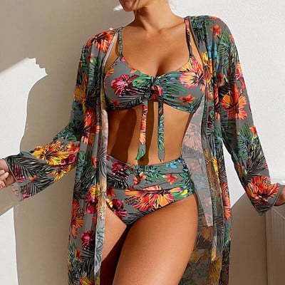 Seksi bikini visokog struka, trodijelni kupaći kostim s cvjetnim uzorkom, ženski bikini set s mrežastom bluzom dugih rukava, veličina S-3XL 2024 Novo