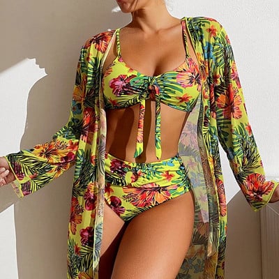 Seksi bikini visokog struka, trodijelni kupaći kostim s cvjetnim uzorkom, ženski bikini set s mrežastom bluzom dugih rukava, veličina S-3XL 2024 Novo