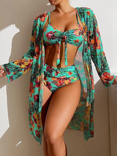 Seksi bikini visokog struka, trodijelni kupaći kostim s cvjetnim uzorkom, ženski bikini set s mrežastom bluzom dugih rukava, veličina S-3XL 2024 Novo