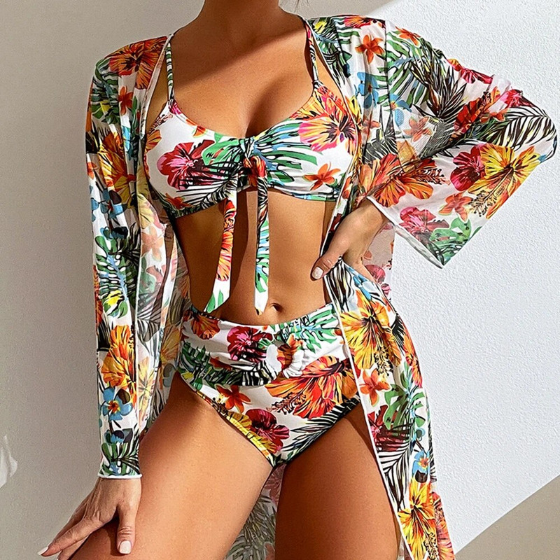 Seksi bikini visokog struka, trodijelni kupaći kostim s cvjetnim uzorkom, ženski bikini set s mrežastom bluzom dugih rukava, veličina S-3XL 2024 Novo