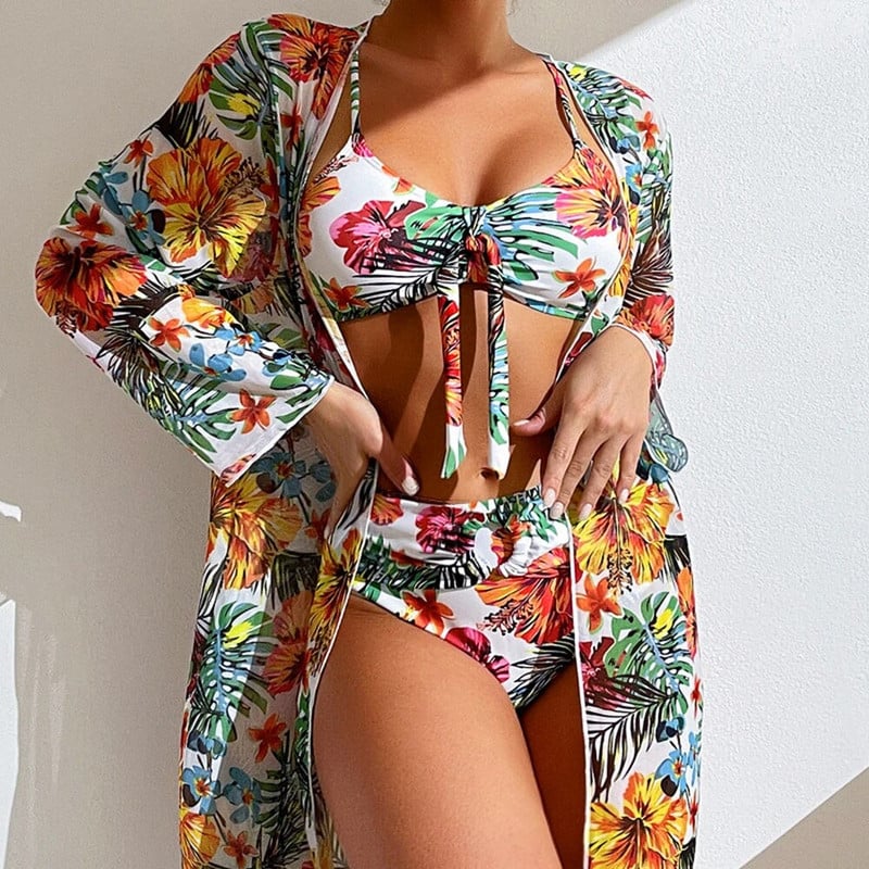 Seksi bikini visokog struka, trodijelni kupaći kostim s cvjetnim uzorkom, ženski bikini set s mrežastom bluzom dugih rukava, veličina S-3XL 2024 Novo