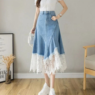 Harajuku Lace Patchwork Denim Skirt Женска корейска синя миди пола с висока талия Дамска лятна мода Плюс размер 3Xl A-Line пола