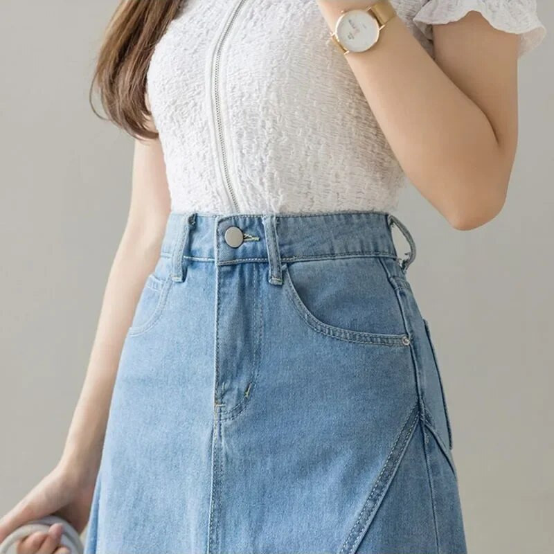 Harajuku čipkana patchwork traper suknja Ženska korejska plava midi suknja visokog struka Ženska ljetna modna suknja A-kroja veličine 3XL