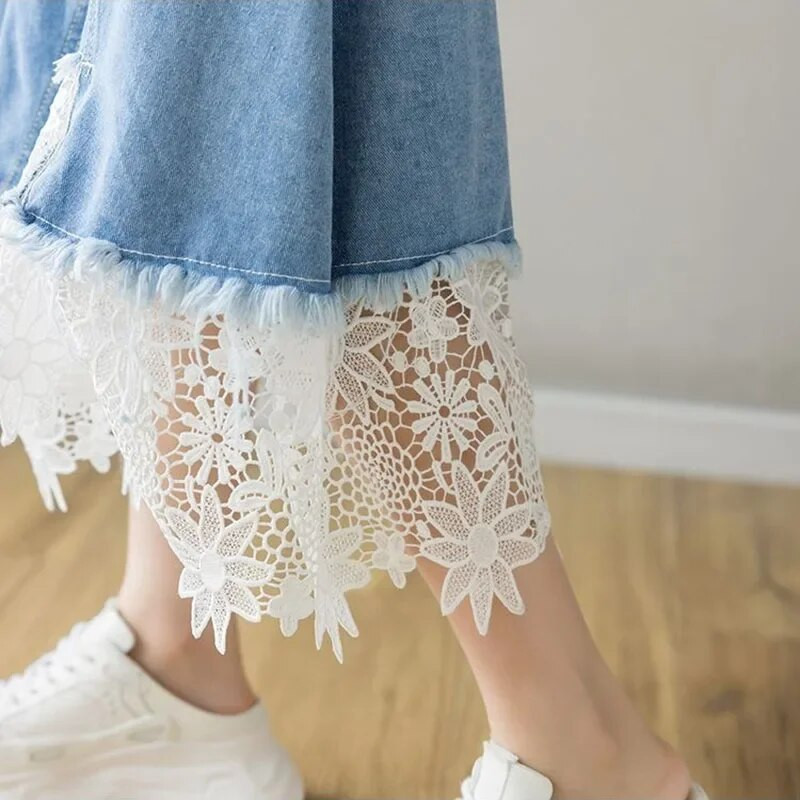 Harajuku čipkana patchwork traper suknja Ženska korejska plava midi suknja visokog struka Ženska ljetna modna suknja A-kroja veličine 3XL