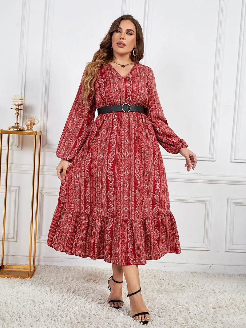 Ženska haljina velike veličine Pojas oko struka V izrez Dugi Later rukavi Ženski ogrtač Jesenski elegantni porub Haljine A kroja Odjeća