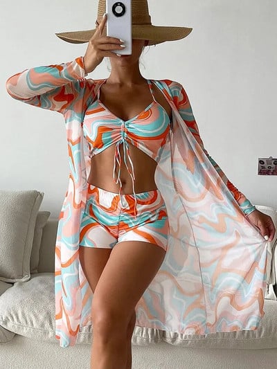 Bandage bikini set visokog struka Cover Up kupaći kostim za žene Push Up dugih rukava Trodijelni kupaći kostimi Kupaći kostimi za plažu