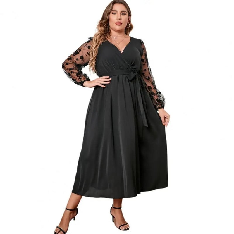 Hosszú ujjú, nagy méretű női ruha, elegáns, hímzett csipkehálós öv, magas derekú, nagyméretű midi ruha