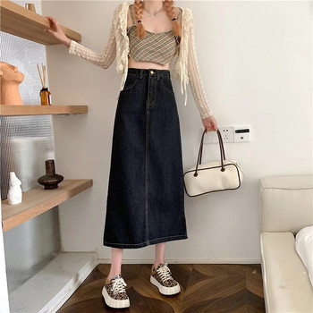 Plus μέγεθος 4xl 5xl τσέπες με κουμπιά Casual τζιν φούστα καλοκαιρινή μασίφ Γυναικεία μακριές φούστες Φθινοπωρινές Vintage Κορεάτικες Μόδα Φάλντα