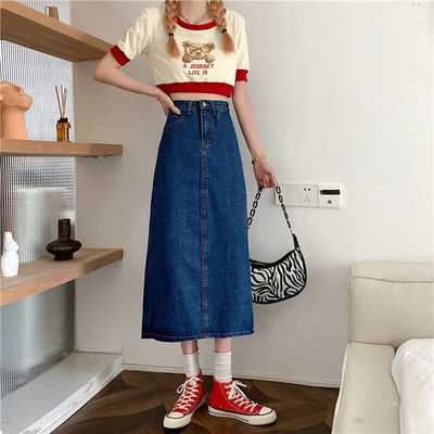 Plus veľkosť 4xl 5xl vrecká na gombíky ležérna džínsová sukňa letné pevné kancelárske dámske dlhé sukne jesenné vintage kórejské módne sukne