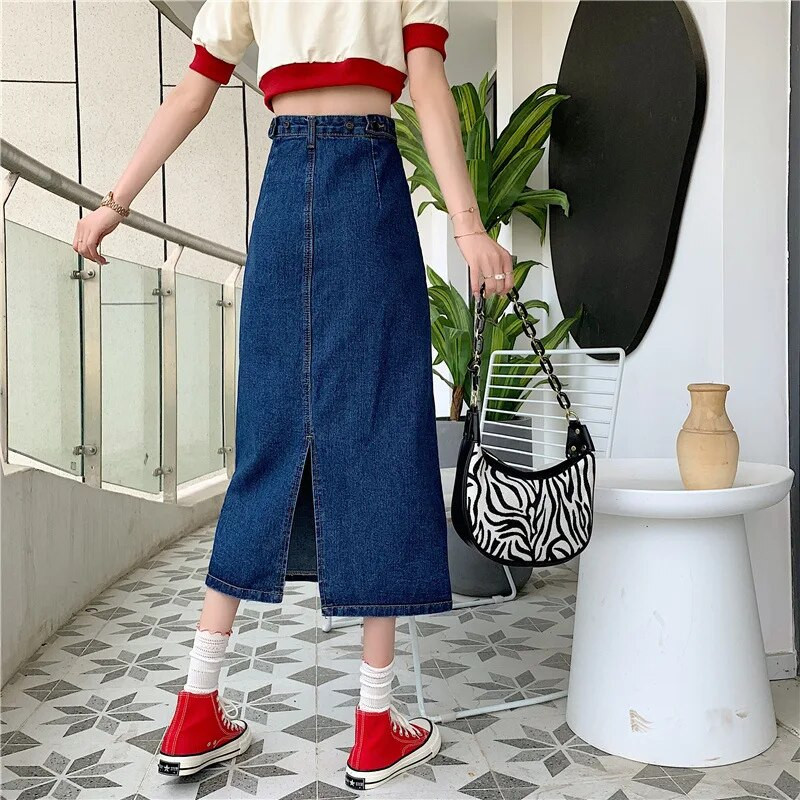 Plus veľkosť 4xl 5xl vrecká na gombíky ležérna džínsová sukňa letné pevné kancelárske dámske dlhé sukne jesenné vintage kórejské módne sukne