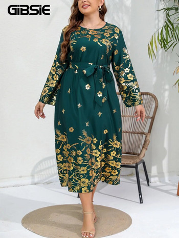 GIBSIE Plus Size Γυναικείο χρυσό φόρεμα με ζώνη με λαιμόκοψη 2023 Άνοιξη Φθινόπωρο Γυναικεία Vintage Loose casual μακρυμάνικα μάξι φορέματα