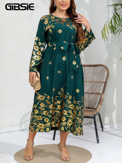 GIBSIE Plus Size Γυναικείο χρυσό φόρεμα με ζώνη με λαιμόκοψη 2023 Άνοιξη Φθινόπωρο Γυναικεία Vintage Loose casual μακρυμάνικα μάξι φορέματα