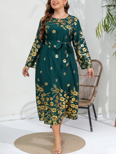 GIBSIE Plus Size Γυναικείο χρυσό φόρεμα με ζώνη με λαιμόκοψη 2023 Άνοιξη Φθινόπωρο Γυναικεία Vintage Loose casual μακρυμάνικα μάξι φορέματα