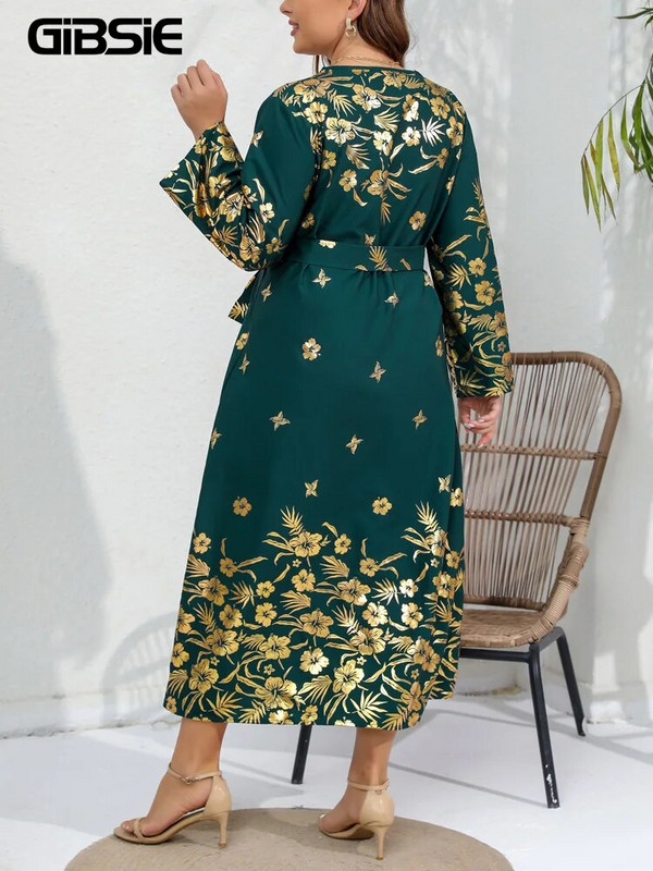 GIBSIE Plus Size Γυναικείο χρυσό φόρεμα με ζώνη με λαιμόκοψη 2023 Άνοιξη Φθινόπωρο Γυναικεία Vintage Loose casual μακρυμάνικα μάξι φορέματα