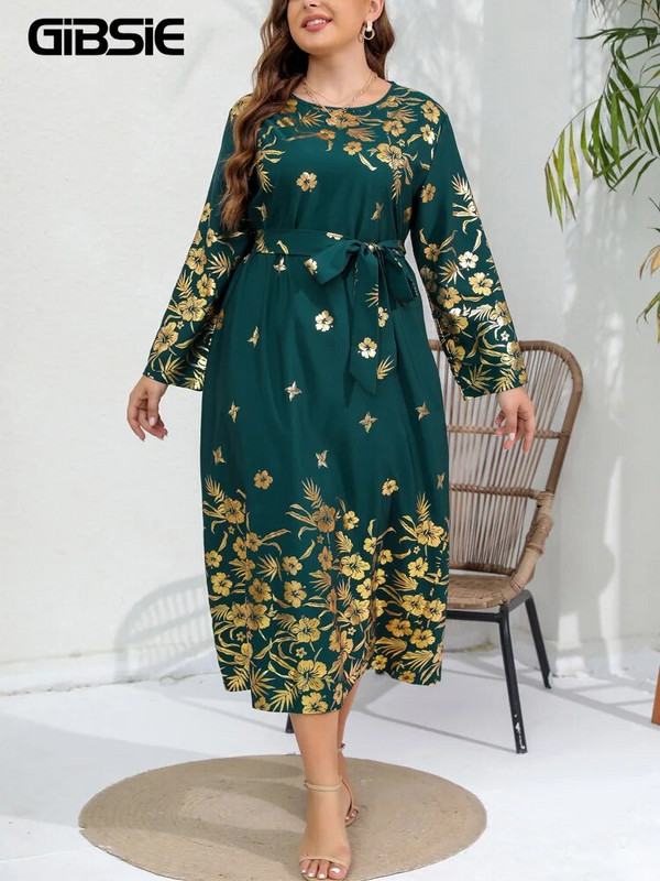 GIBSIE Plus Size Γυναικείο χρυσό φόρεμα με ζώνη με λαιμόκοψη 2023 Άνοιξη Φθινόπωρο Γυναικεία Vintage Loose casual μακρυμάνικα μάξι φορέματα