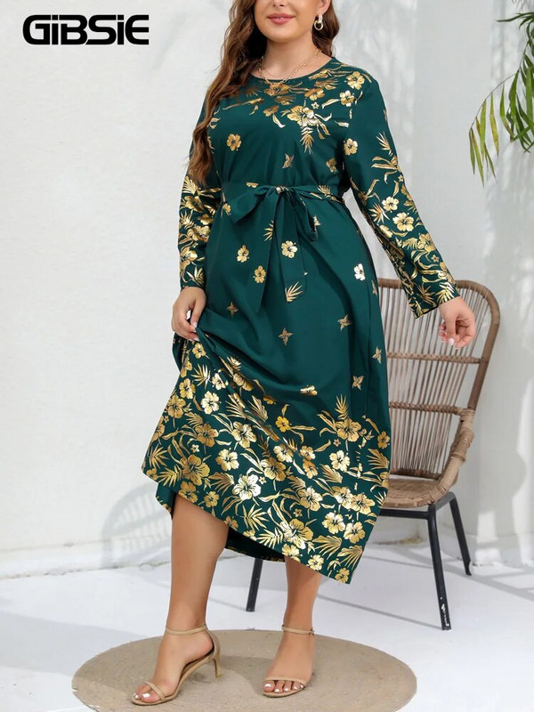 GIBSIE Plus Size Γυναικείο χρυσό φόρεμα με ζώνη με λαιμόκοψη 2023 Άνοιξη Φθινόπωρο Γυναικεία Vintage Loose casual μακρυμάνικα μάξι φορέματα