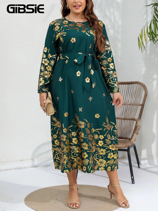 GIBSIE Plus Size Γυναικείο χρυσό φόρεμα με ζώνη με λαιμόκοψη 2023 Άνοιξη Φθινόπωρο Γυναικεία Vintage Loose casual μακρυμάνικα μάξι φορέματα