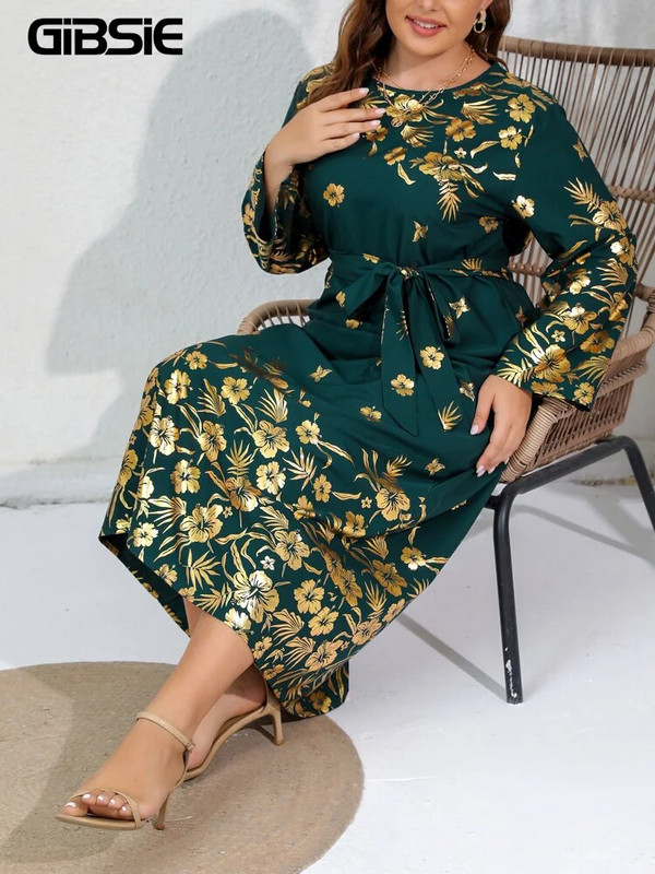 GIBSIE Plus Size Γυναικείο χρυσό φόρεμα με ζώνη με λαιμόκοψη 2023 Άνοιξη Φθινόπωρο Γυναικεία Vintage Loose casual μακρυμάνικα μάξι φορέματα