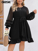 GIBSIE švicarska točkasta mrežasta haljina s remenom dugih rukava velike veličine, ženske crne slatke mini haljine s O-izrezom, a-kroja, proljeće ljeto 2024.