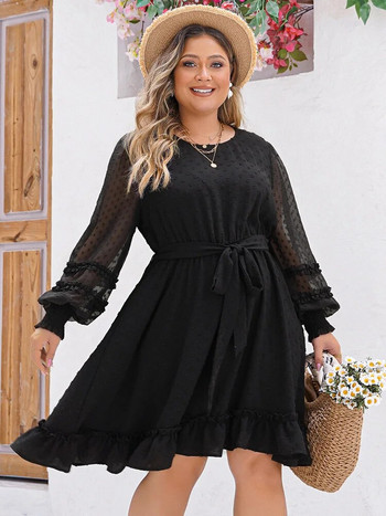 GIBSIE Plus Size Swiss Dot Mesh μακρυμάνικο φόρεμα με ζώνη Γυναικείο μαύρο βολάν με λαιμόκοψη σε γραμμή Α Γλυκά μίνι φορέματα Άνοιξη Καλοκαίρι 2024