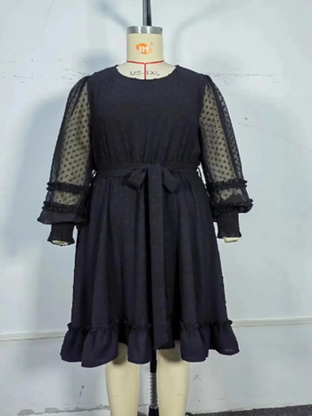 GIBSIE Плюс размер швейцарска точкова мрежеста рокля с колан с дълъг ръкав Дамски черни О-образно деколте с волани А-силует Сладки мини рокли пролет лято 2024 г.