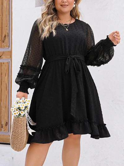 GIBSIE švicarska točkasta mrežasta haljina s remenom dugih rukava velike veličine, ženske crne slatke mini haljine s O-izrezom, a-kroja, proljeće ljeto 2024.