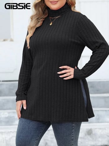 GIBSIE Plus Size Casual Side Split Πλεκτό Μακρύ T-Shirt Γυναικείο Ανοιξιάτικο φθινοπωρινό ζιβάγκο Μακρυμάνικο Y2K Μπλουζάκια Streetwear