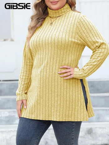 GIBSIE Plus Size Casual Side Split Πλεκτό Μακρύ T-Shirt Γυναικείο Ανοιξιάτικο φθινοπωρινό ζιβάγκο Μακρυμάνικο Y2K Μπλουζάκια Streetwear