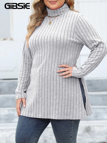 GIBSIE Plus Size Casual Side Split Πλεκτό Μακρύ T-Shirt Γυναικείο Ανοιξιάτικο φθινοπωρινό ζιβάγκο Μακρυμάνικο Y2K Μπλουζάκια Streetwear