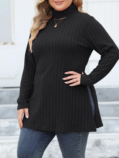 GIBSIE Plus Size Casual Side Split Πλεκτό Μακρύ T-Shirt Γυναικείο Ανοιξιάτικο φθινοπωρινό ζιβάγκο Μακρυμάνικο Y2K Μπλουζάκια Streetwear