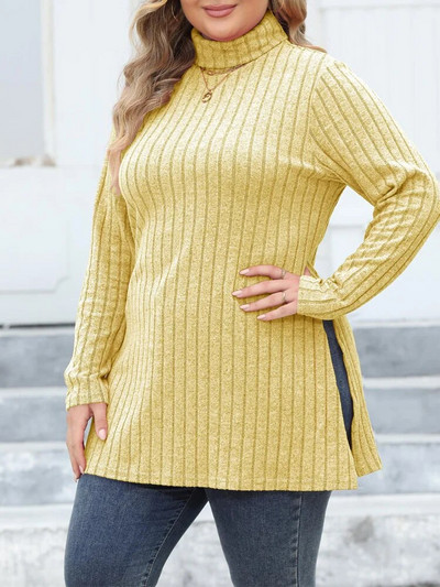 GIBSIE Plus Size Casual Side Split Πλεκτό Μακρύ T-Shirt Γυναικείο Ανοιξιάτικο φθινοπωρινό ζιβάγκο Μακρυμάνικο Y2K Μπλουζάκια Streetwear