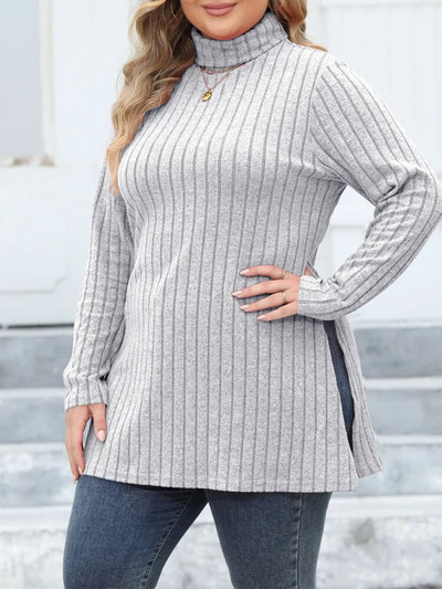 GIBSIE Plus Size Casual Side Split Πλεκτό Μακρύ T-Shirt Γυναικείο Ανοιξιάτικο φθινοπωρινό ζιβάγκο Μακρυμάνικο Y2K Μπλουζάκια Streetwear