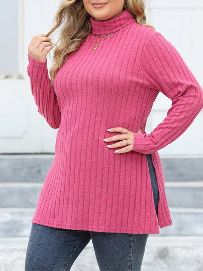 GIBSIE Plus Size Casual Side Split Πλεκτό Μακρύ T-Shirt Γυναικείο Ανοιξιάτικο φθινοπωρινό ζιβάγκο Μακρυμάνικο Y2K Μπλουζάκια Streetwear