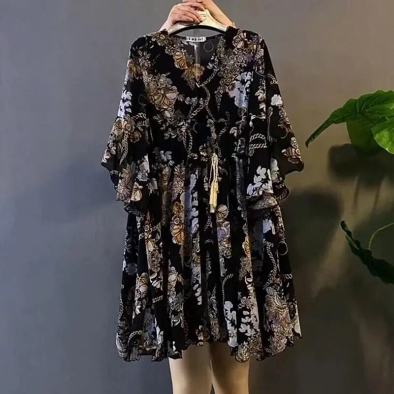 Dámske letné šaty Plus Size s potlačou, kvetinovým vzorom a polovičným rukávom, voľné midi šaty s výstrihom do V a kvetinovým vzorom, veľkosť 6XL
