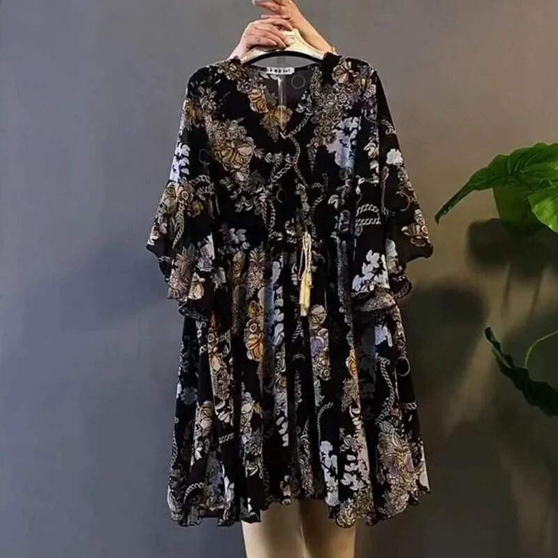 Dámske letné šaty Plus Size s potlačou, kvetinovým vzorom a polovičným rukávom, voľné midi šaty s výstrihom do V a kvetinovým vzorom, veľkosť 6XL