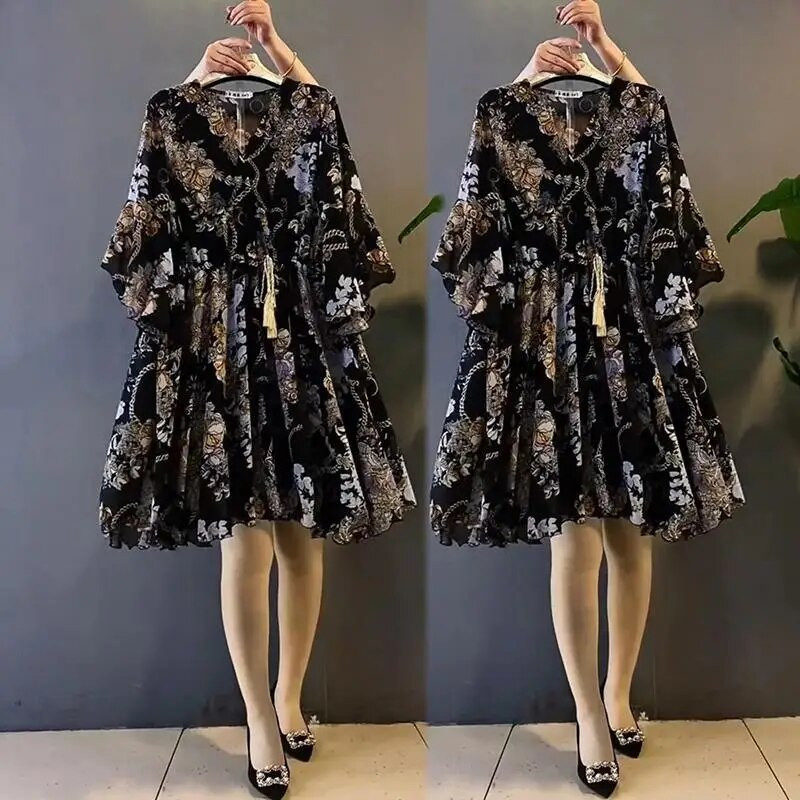 Dámske letné šaty Plus Size s potlačou, kvetinovým vzorom a polovičným rukávom, voľné midi šaty s výstrihom do V a kvetinovým vzorom, veľkosť 6XL