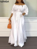 Plus Size VONDA 2023 Sexy odhalené ramenné maxi šaty Elegantné dámske dlhé rukávy Jednofarebné opasky Bohémsky župan Casual Party Vestidos