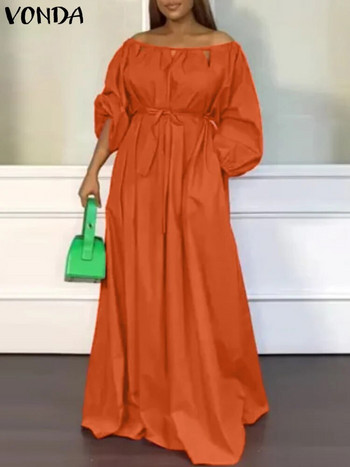 Големи размери VONDA 2023 Секси макси рокля с отворени рамене Елегантна дамска рокля с дълъг ръкав и плътен колан в бохемски стил Ежедневно парти Vestidos