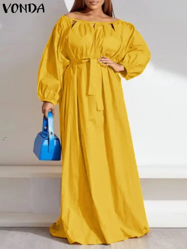 Plus Size VONDA 2023 Sexy odhalené ramenné maxi šaty Elegantné dámske dlhé rukávy Jednofarebné opasky Bohémsky župan Casual Party Vestidos