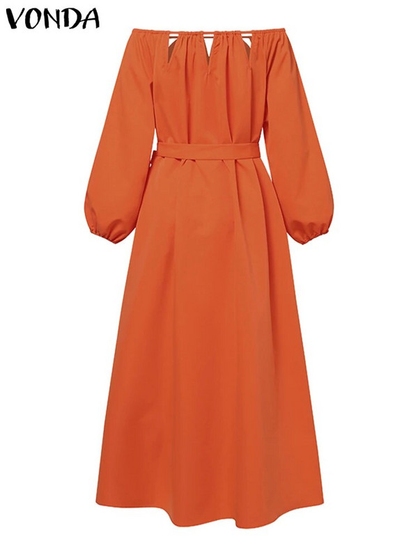 Plus Size VONDA 2023 Sexy odhalené ramenné maxi šaty Elegantné dámske dlhé rukávy Jednofarebné opasky Bohémsky župan Casual Party Vestidos