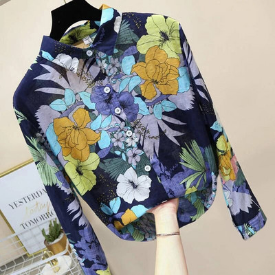 Proljeće Jesen Pamučna lanena ležerna modna košulja s cvjetnim printom Ženska labava slatka bluza za sve kombinacije Femme Udobna ženska majica