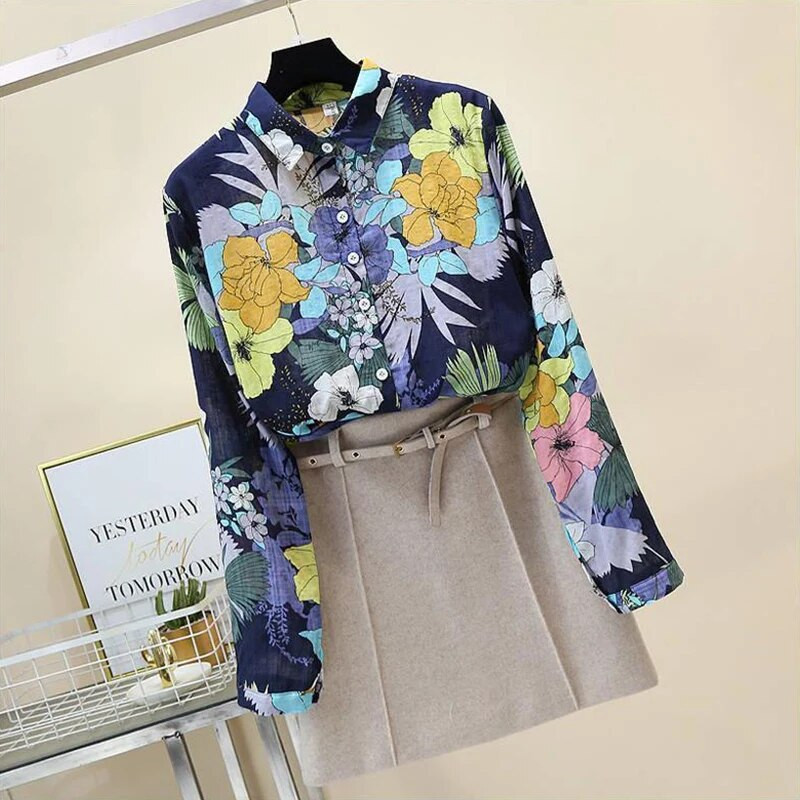 Proljeće Jesen Pamučna lanena ležerna modna košulja s cvjetnim printom Ženska labava slatka bluza za sve kombinacije Femme Udobna ženska majica