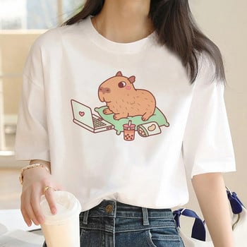 Capybara T-shirt Γυναικεία στάμπα Καλοκαιρινό λευκό μπλουζάκι από βαμβακερό γραφικό μπλουζάκι Γυναικεία Vintage Streetwear 90s Plus Size Γυναικείο Tshirt