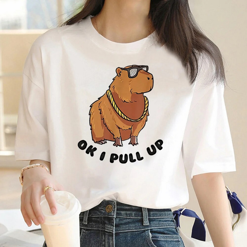 Capybara T-shirt Γυναικεία στάμπα Καλοκαιρινό λευκό μπλουζάκι από βαμβακερό γραφικό μπλουζάκι Γυναικεία Vintage Streetwear 90s Plus Size Γυναικείο Tshirt