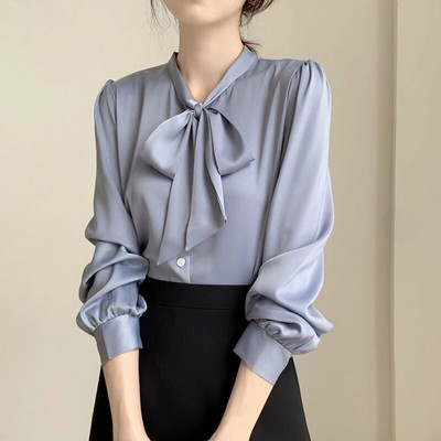 Kevadsuvi naiste elegantsed ja moodsad vibunööbid Sifonki särk Naiste pikkade varrukatega vaba vabaaja Naiste kardiganpluus